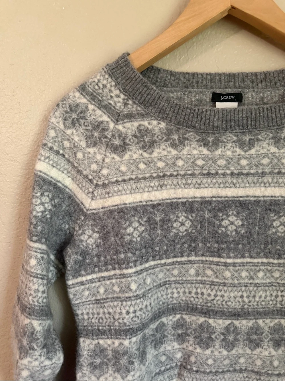 J.Crew Fair Isle Wool Sweater Gray Nordic Print Sz L (Fits S) Cozy Soft